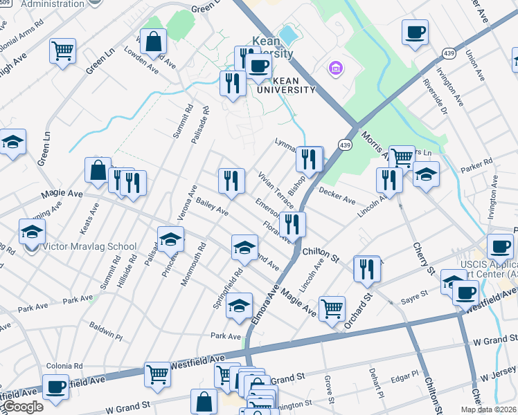 map of restaurants, bars, coffee shops, grocery stores, and more near 732 Emerson Ave in Elizabeth