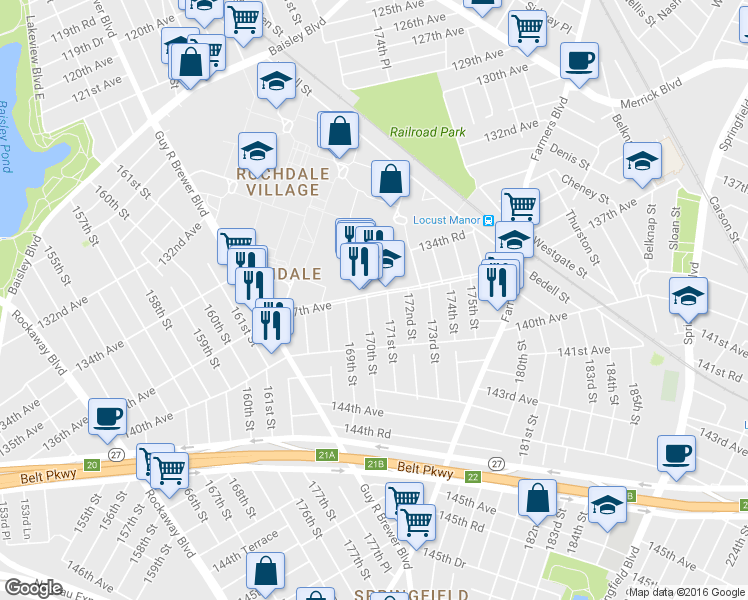 map of restaurants, bars, coffee shops, grocery stores, and more near 137-03 170th Street in Queens