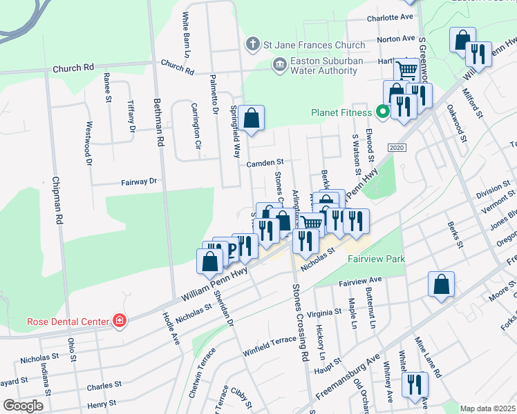 map of restaurants, bars, coffee shops, grocery stores, and more near 451 South Nulton Avenue in Easton