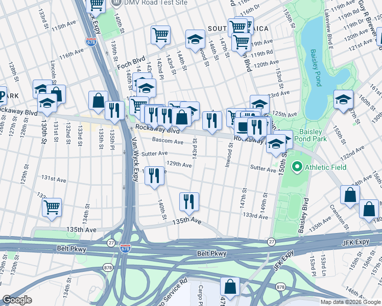map of restaurants, bars, coffee shops, grocery stores, and more near 127-19 143rd Street in Queens