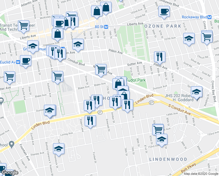 map of restaurants, bars, coffee shops, grocery stores, and more near 133-19 77th Street in Queens