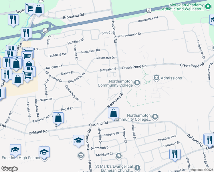 map of restaurants, bars, coffee shops, grocery stores, and more near 3601 Brandford Court in Bethlehem