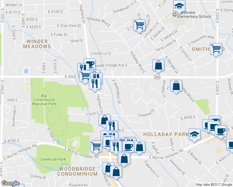 map of restaurants, bars, coffee shops, grocery stores, and more near 4552 East Wellington Street in Holladay