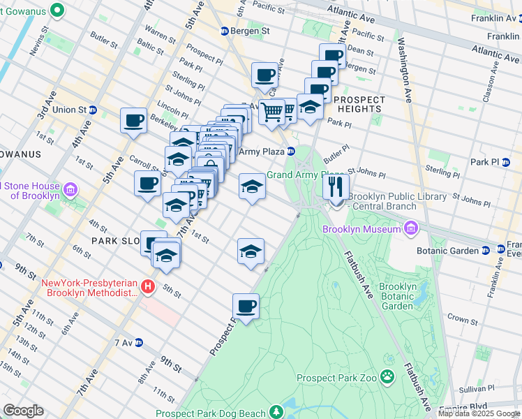 map of restaurants, bars, coffee shops, grocery stores, and more near 916 President Street in Brooklyn