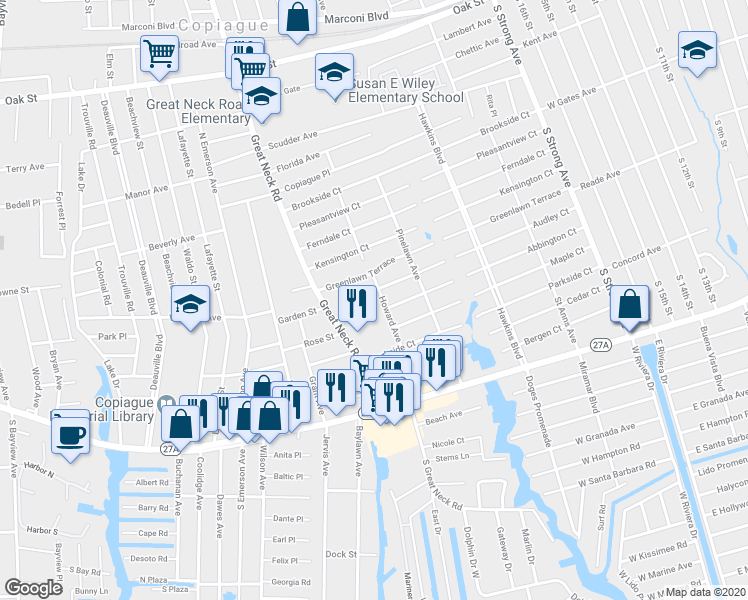 map of restaurants, bars, coffee shops, grocery stores, and more near 425 Howard Avenue in Copiague