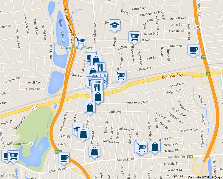 map of restaurants, bars, coffee shops, grocery stores, and more near 3301 Sunrise Highway in Wantagh