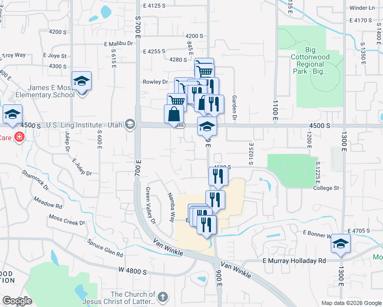 map of restaurants, bars, coffee shops, grocery stores, and more near 4545 Arcadia Green Way in Millcreek