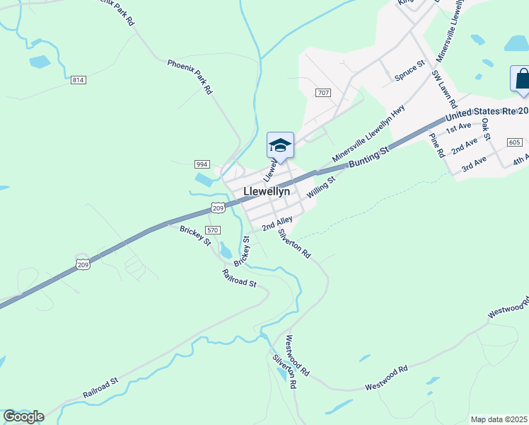 map of restaurants, bars, coffee shops, grocery stores, and more near 121 Willing Street in Llewellyn
