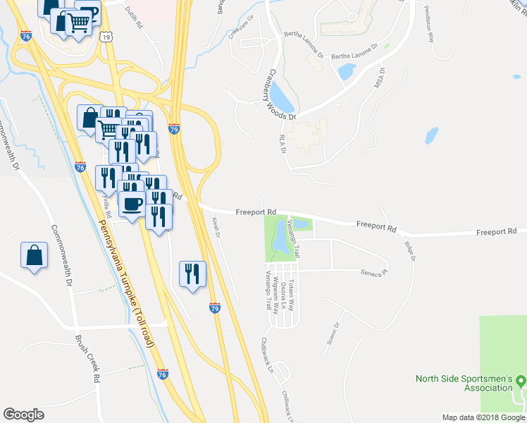 map of restaurants, bars, coffee shops, grocery stores, and more near 1305 Freeport Road in Mars