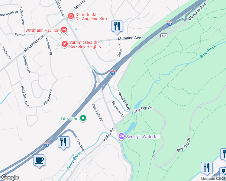 map of restaurants, bars, coffee shops, grocery stores, and more near 1 Springholm Drive in Berkeley Heights