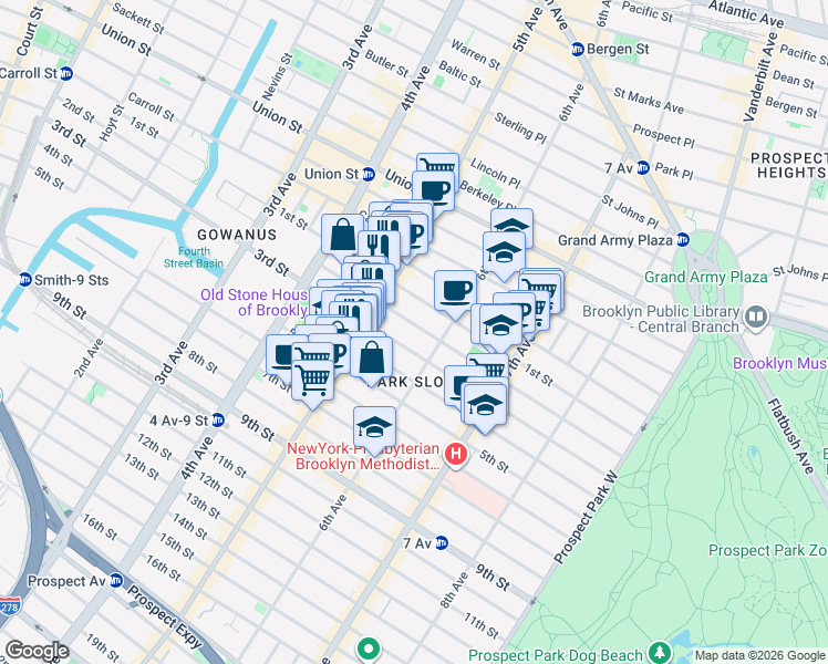 map of restaurants, bars, coffee shops, grocery stores, and more near 410 2nd Street in Brooklyn