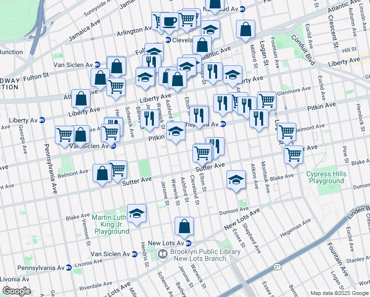map of restaurants, bars, coffee shops, grocery stores, and more near 695 Belmont Avenue in Brooklyn