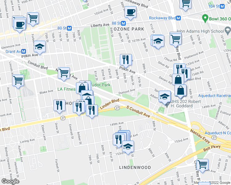 map of restaurants, bars, coffee shops, grocery stores, and more near 133-47 83rd Street in Queens