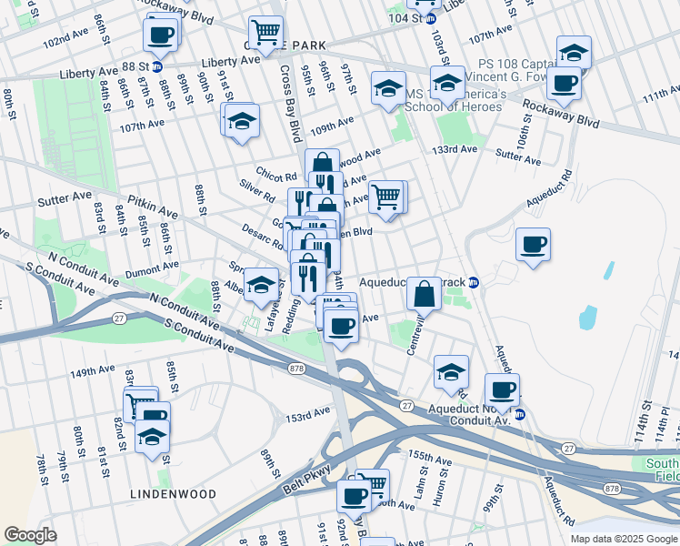 map of restaurants, bars, coffee shops, grocery stores, and more near 94-03 Pitkin Avenue in Queens
