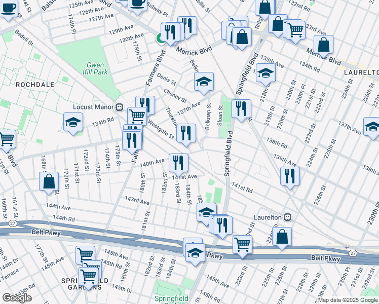 map of restaurants, bars, coffee shops, grocery stores, and more near 98 Thurston Street in Queens