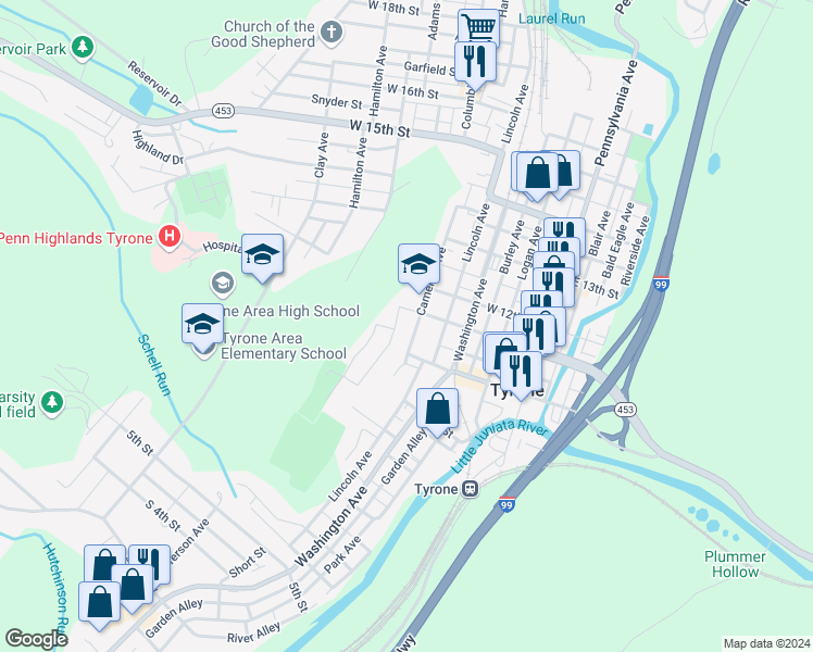 map of restaurants, bars, coffee shops, grocery stores, and more near 1015 Cameron Avenue in Tyrone