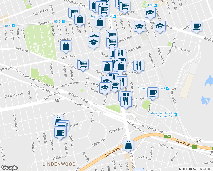map of restaurants, bars, coffee shops, grocery stores, and more near 90-42 Pitkin Avenue in Queens