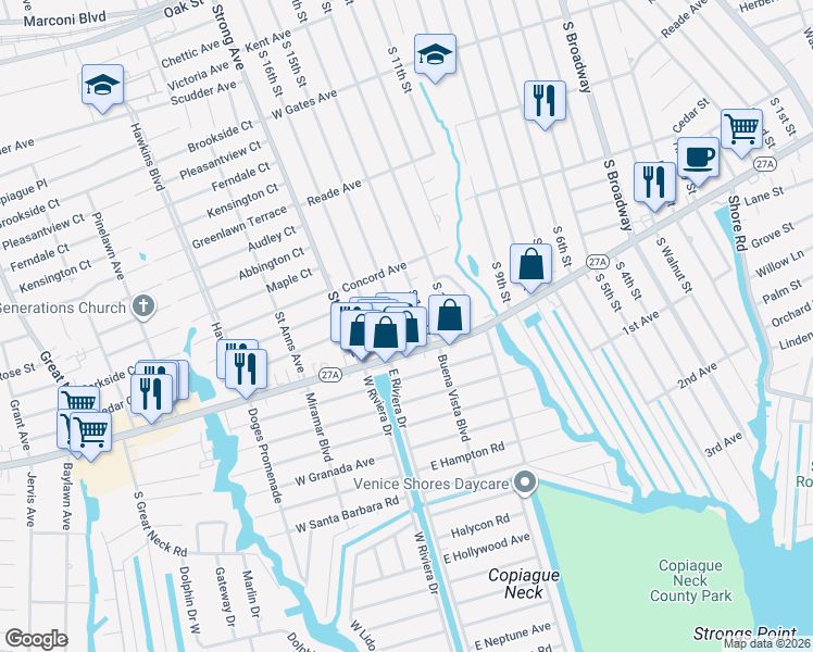 map of restaurants, bars, coffee shops, grocery stores, and more near 591 South 14th Street in Lindenhurst