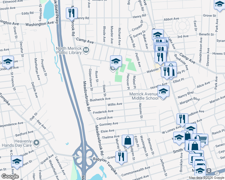 map of restaurants, bars, coffee shops, grocery stores, and more near 1777 Horatio Avenue in Merrick