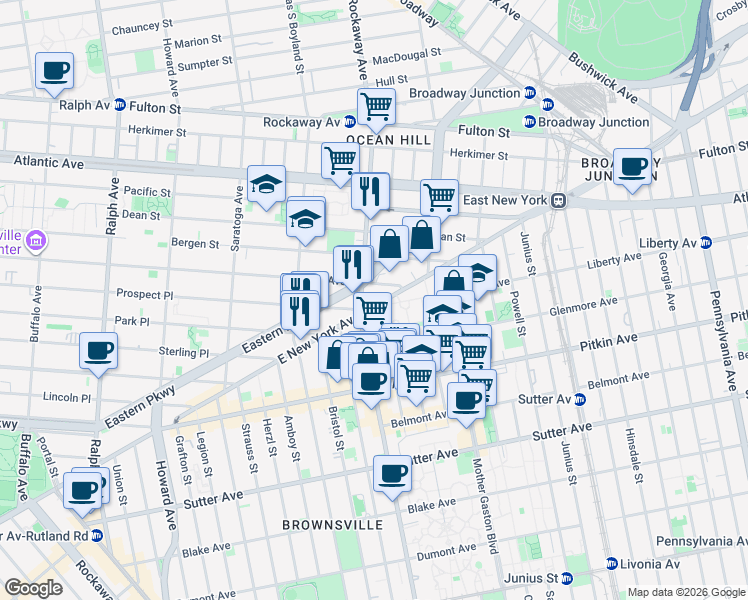 map of restaurants, bars, coffee shops, grocery stores, and more near 317 Rockaway Avenue in Brooklyn