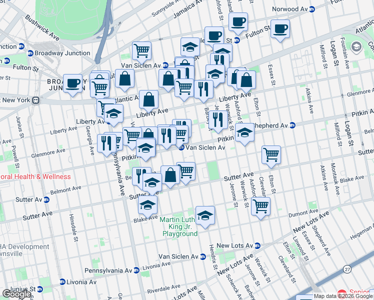map of restaurants, bars, coffee shops, grocery stores, and more near 2232 Pitkin Avenue in Brooklyn