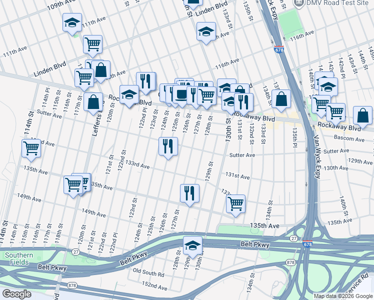 map of restaurants, bars, coffee shops, grocery stores, and more near 126-12 Sutter Avenue in Queens