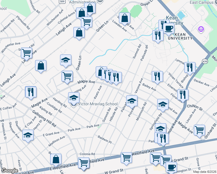 map of restaurants, bars, coffee shops, grocery stores, and more near 934 Magie Avenue in Elizabeth