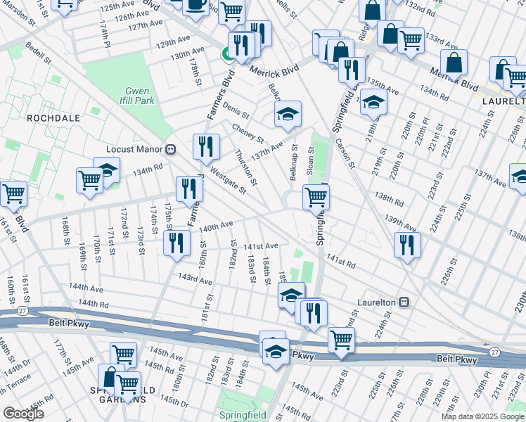 map of restaurants, bars, coffee shops, grocery stores, and more near 98 Thurston Street in Queens
