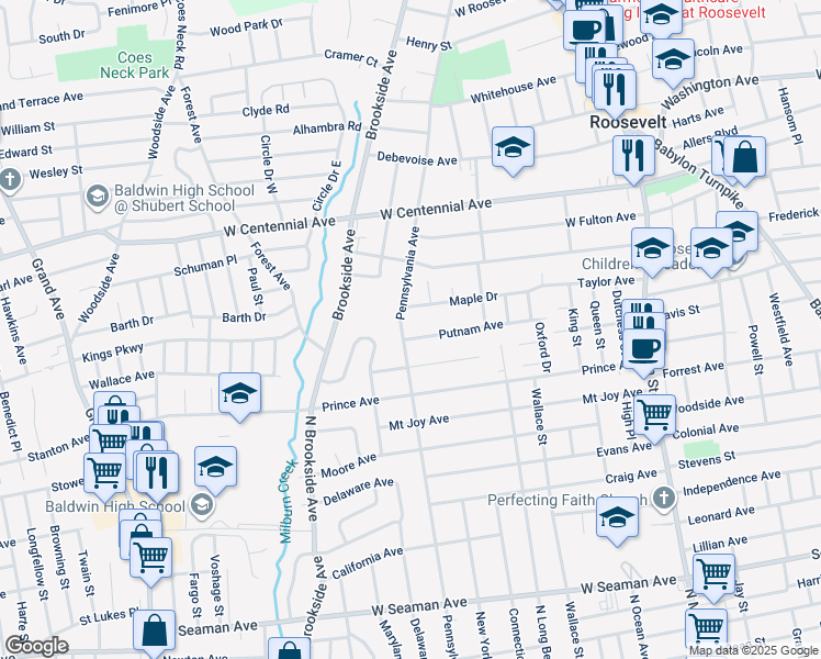 map of restaurants, bars, coffee shops, grocery stores, and more near 470 Pennsylvania Avenue in Freeport
