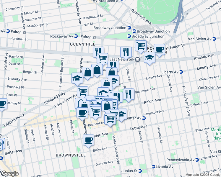 map of restaurants, bars, coffee shops, grocery stores, and more near 44 Christopher Avenue in Brooklyn