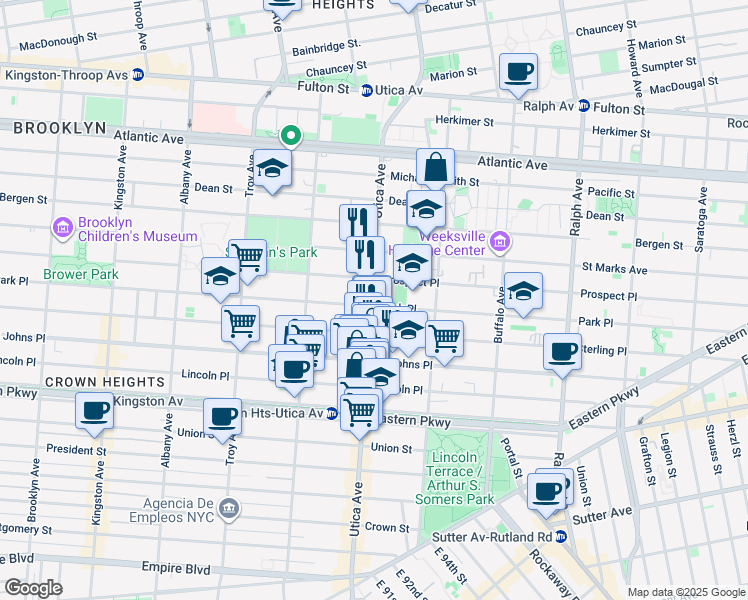 map of restaurants, bars, coffee shops, grocery stores, and more near 187 Utica Avenue in Brooklyn