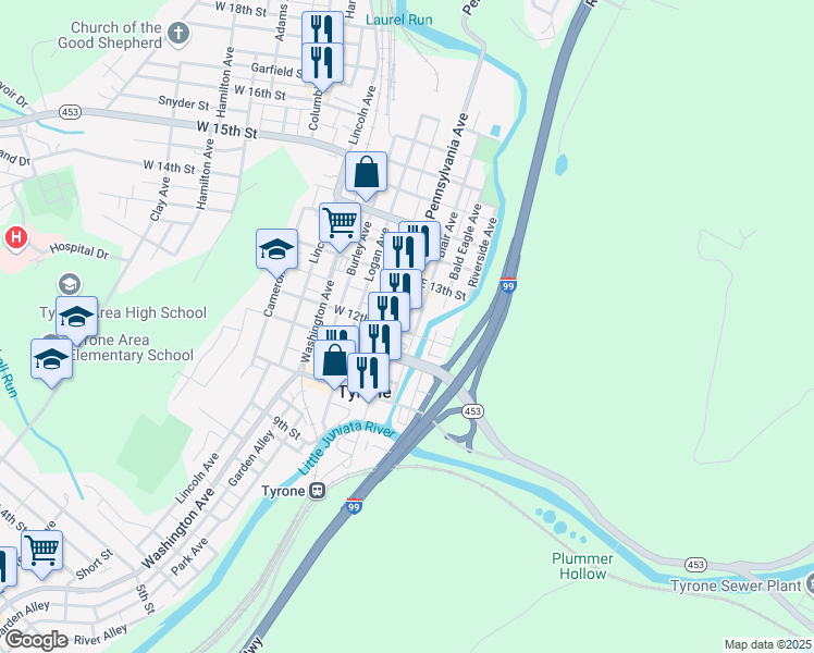 map of restaurants, bars, coffee shops, grocery stores, and more near 8 E 12th St in Tyrone