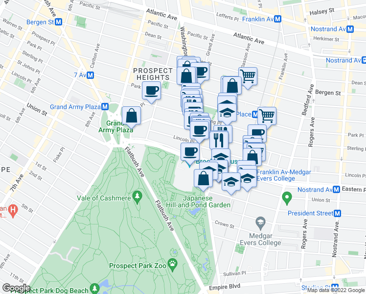 map of restaurants, bars, coffee shops, grocery stores, and more near 188 Eastern Parkway in Brooklyn