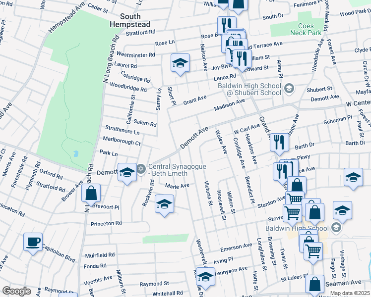 map of restaurants, bars, coffee shops, grocery stores, and more near 181 Kenneth Avenue in Baldwin