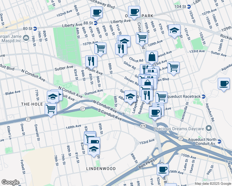 map of restaurants, bars, coffee shops, grocery stores, and more near 88-01 Albert Road in Queens