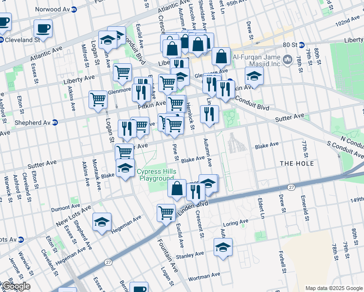 map of restaurants, bars, coffee shops, grocery stores, and more near 620 Crescent Street in Brooklyn