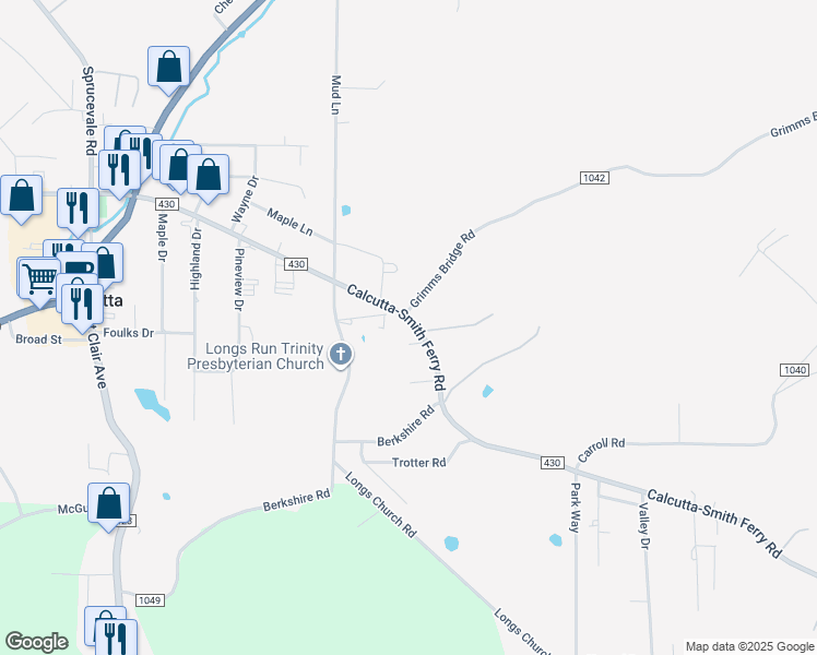 map of restaurants, bars, coffee shops, grocery stores, and more near 49573 Calcutta-Smith Ferry Road in Calcutta