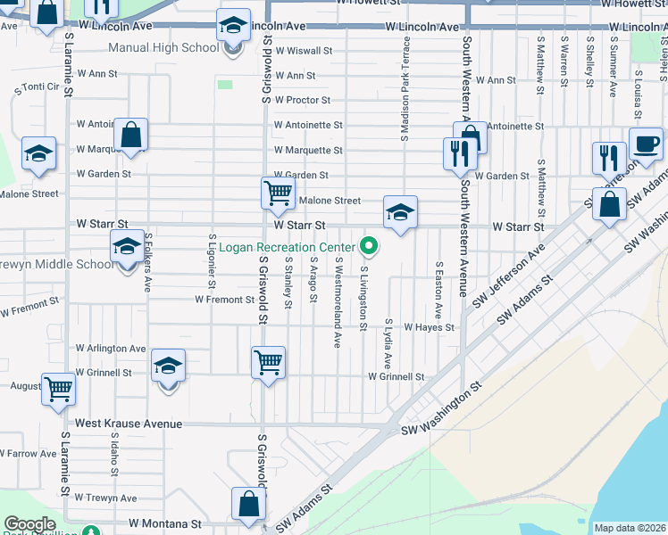 map of restaurants, bars, coffee shops, grocery stores, and more near 1415 South Westmoreland Avenue in Peoria