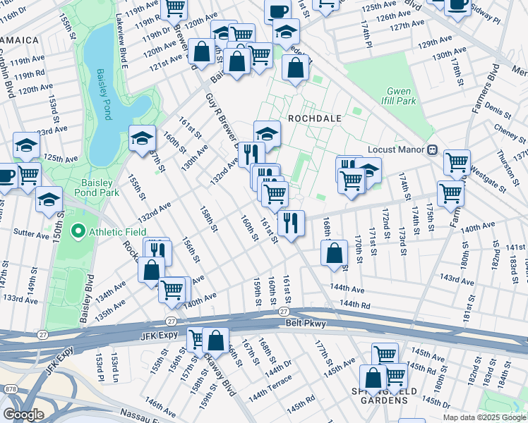 map of restaurants, bars, coffee shops, grocery stores, and more near 134-21 161 Street in Queens