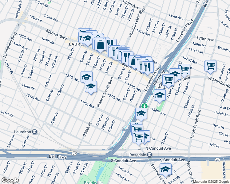 map of restaurants, bars, coffee shops, grocery stores, and more near 135-45 231st Street in Queens