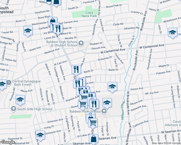 map of restaurants, bars, coffee shops, grocery stores, and more near 864 Barth Drive in Baldwin