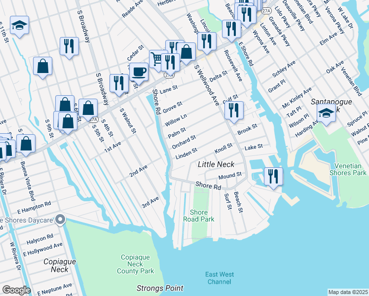 map of restaurants, bars, coffee shops, grocery stores, and more near 77 Orchard Street in Lindenhurst