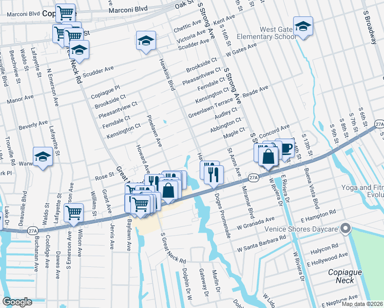 map of restaurants, bars, coffee shops, grocery stores, and more near 200 Maple Ct in Copiague