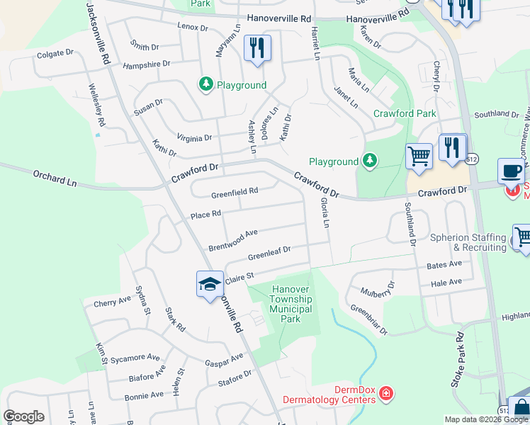 map of restaurants, bars, coffee shops, grocery stores, and more near 939 Place Road in Bethlehem