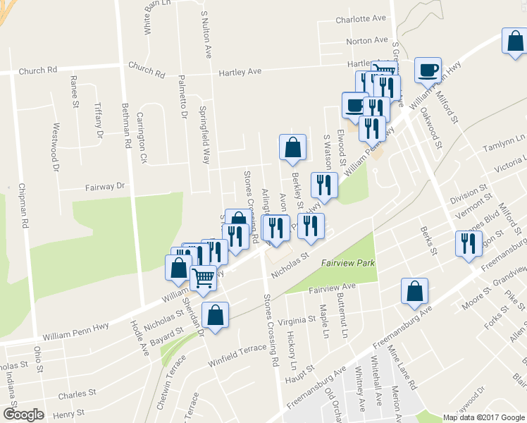 map of restaurants, bars, coffee shops, grocery stores, and more near 442 Arlington Street in Easton