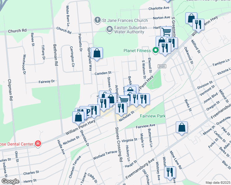 map of restaurants, bars, coffee shops, grocery stores, and more near 442 Arlington Street in Easton