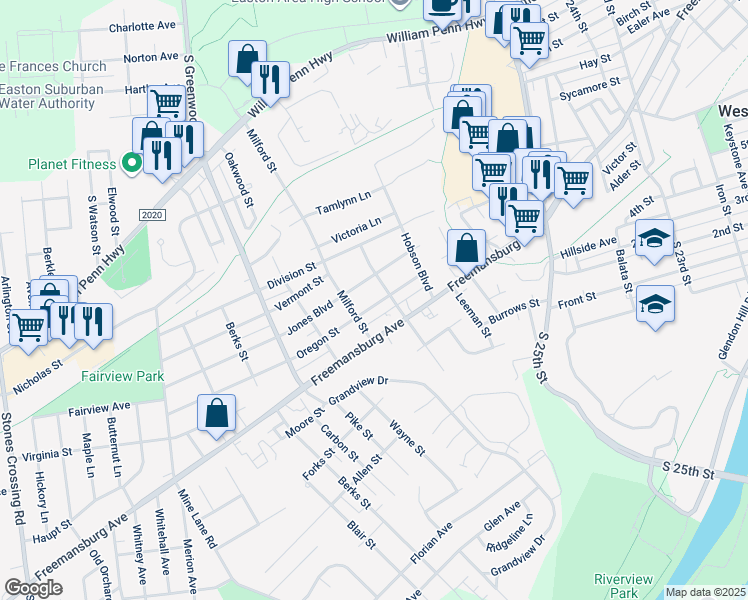 map of restaurants, bars, coffee shops, grocery stores, and more near 2811 Oregon Street in Easton