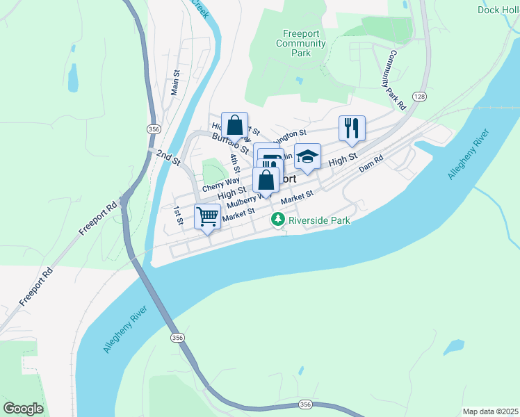map of restaurants, bars, coffee shops, grocery stores, and more near 419 Market St in Freeport