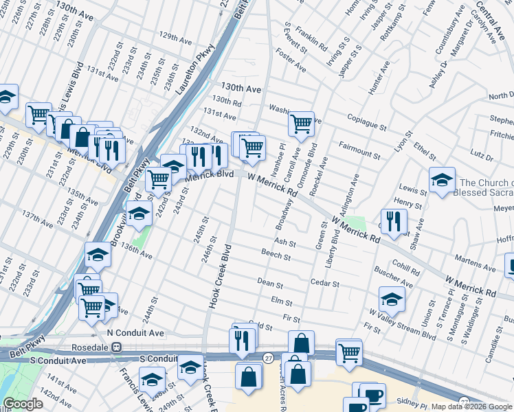 map of restaurants, bars, coffee shops, grocery stores, and more near 47 West End Avenue in Valley Stream