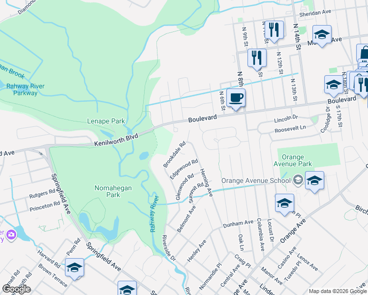 map of restaurants, bars, coffee shops, grocery stores, and more near 32 Brookdale Road in Cranford